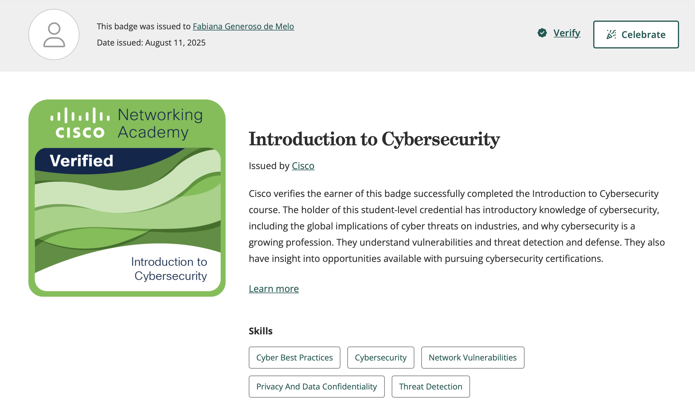 Cisco Networking Academy badge – Introduction to Cybersecurity, issued to Fabiana Generoso de Melo