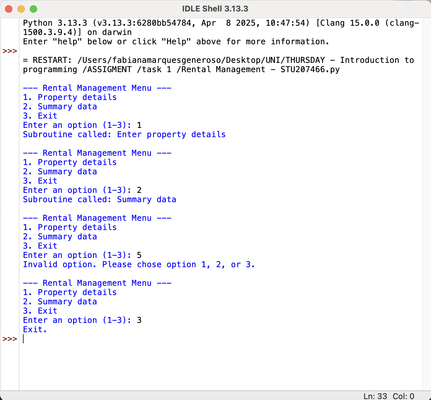 Python Property Manager console program created by Fabiana Generoso for the Introduction to Programming module